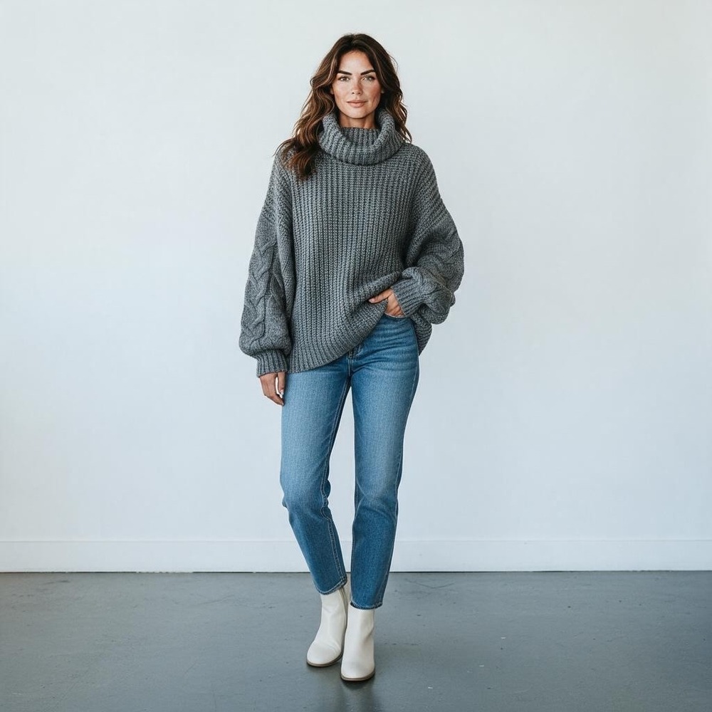 Native Youth Turtleneck Sweater Womens Medium Grey Cable Knit Oversized Alpaca